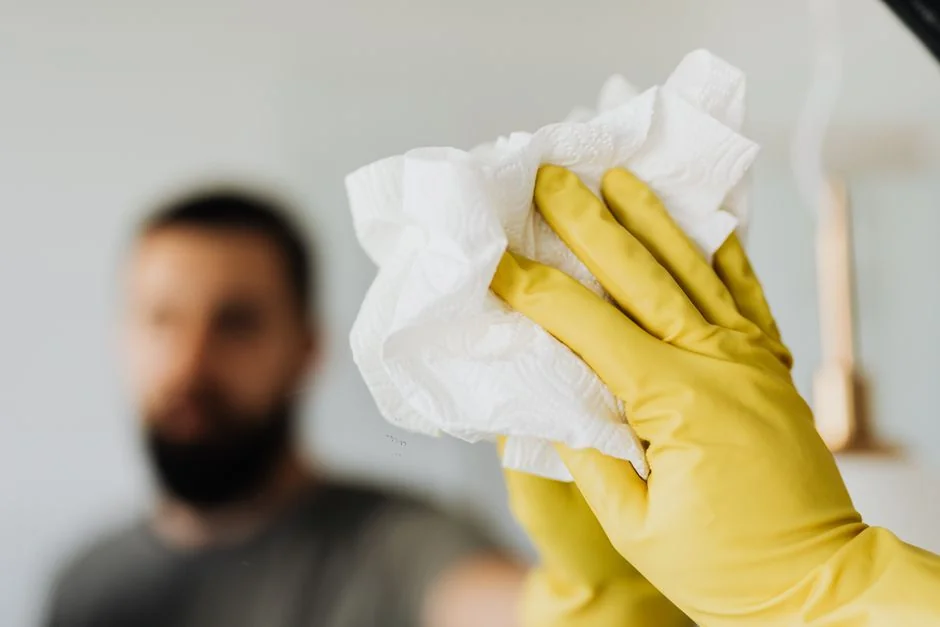 An adult male cleaning a glass window indoors, focusing on household chores and cleanliness.